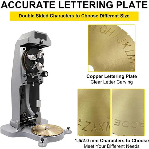 Slick Manual Ring Engraver Featuring A Killer Diamond Tip For Smooth Inside Jewelry Marking Includes Full Alphabet Letter Blocks Plus Numbers And Symbols Dead On Precision Easy Grip Handle For Fast Custom Personalized Designs with copper lettering plate.
