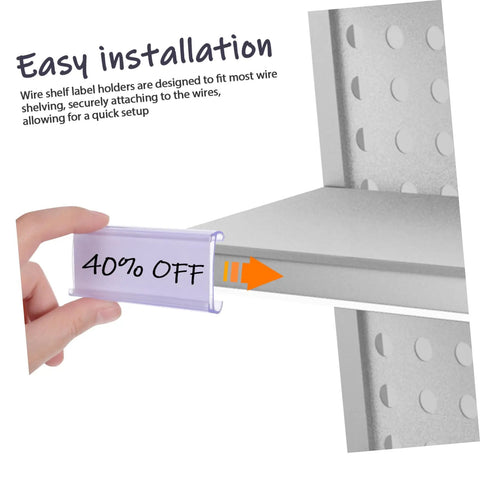 Heavy Duty PVC Wire Shelf Label Holders 30 Pack Clear Display Fronts showing easy installation and price tag placement for organization.