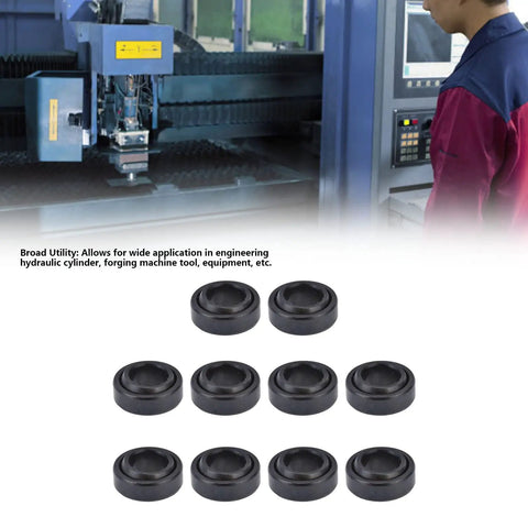 10 Pack GE12ES Spherical Bearings Built Tough For Heavy Lifting Hydraulic Cylinders With Wicked Smooth Radial Pivot viewed among machinery in a workshop.