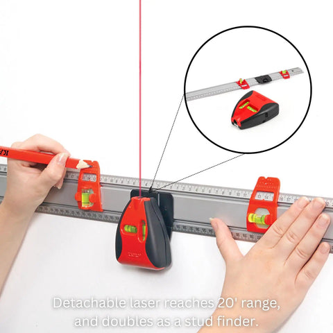 Pro Grade Modular Ruler Attachment With Laser Level And Magnetic Stud Finder Heavy Duty Weekend Warrior Layout Tool in use for wall marking.