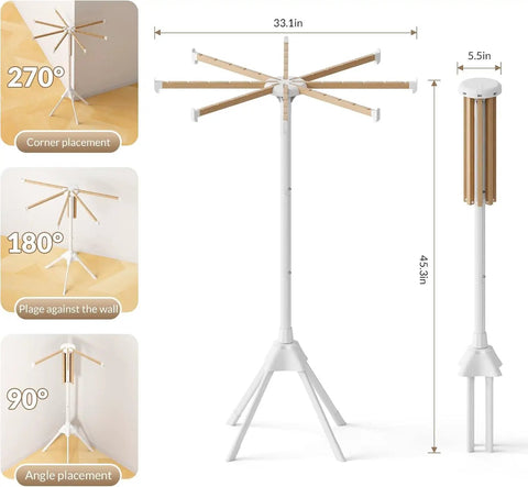 Foldable Wood Clothes Drying Rack With Eight Adjustable Rods No Fuss Space Saving Laundry Organizer dimensions and placements shown