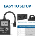 Heavy Duty Weatherproof Digital Outdoor Timer Outlet With Nifty Spin Dial For Real Simple Programming Big Bright Screen, showing dial control and outlets.
