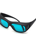 Rock Solid 2 Pair Laser Safety Glasses Block Nasty UV And Red Beam OD4 Filter with black frame and blue lenses from side view.