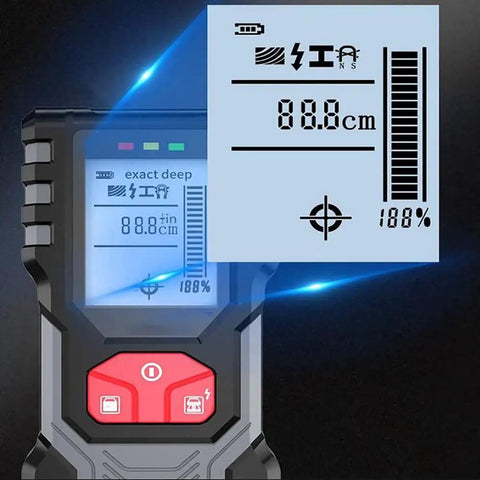 Nailed It Digital Stud Finder Wall Scanner displaying measurement readout and status indicators on backlit HD screen.