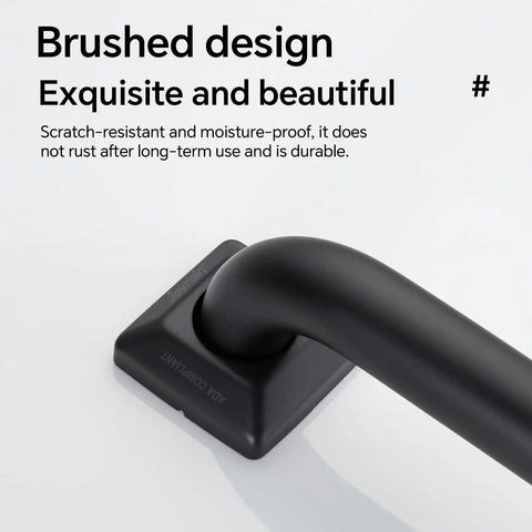 Close-up of Rock Solid Stainless Steel Grab Bar bearing five hundred pounds, matte black, durable design for bath stability.