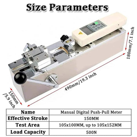 Heavy Duty Manual Digital Force Gauge And Tensile Pull Tester With Hella Precise Zero Point Zero One Millimeter Displacement Tracker Portable Horizontal Push Pull Meter Rig For Tough Testing Tasks showing size parameters and dimensions.