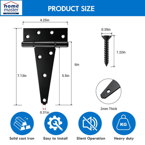 Heavy Duty Six Inch T Strap Gate Hinges Black Six Pack With Complete Hardware Set For Quick Install dimensions and features.