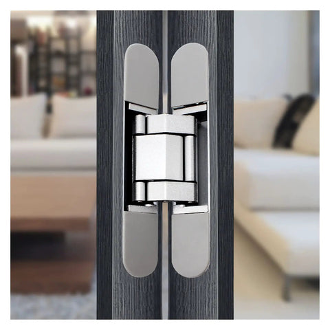 Premium 3D Adjustable Hidden Cross Hinge for Wood Doors and Gates Self-Closing Silent Operation Heavy Duty Zinc Alloy showcasing installation.