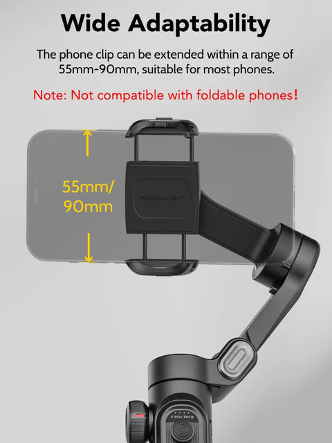 3 Axis Smartphone Gimbal Stabilizer Foldable Handheld For iPhone And Android showing phone clip adjustment range