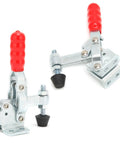 Toggle Clamp With Quick Release For Drill Presses, Vertical Hold Down Clamp shown with red handle for woodworking jigs and fixtures.