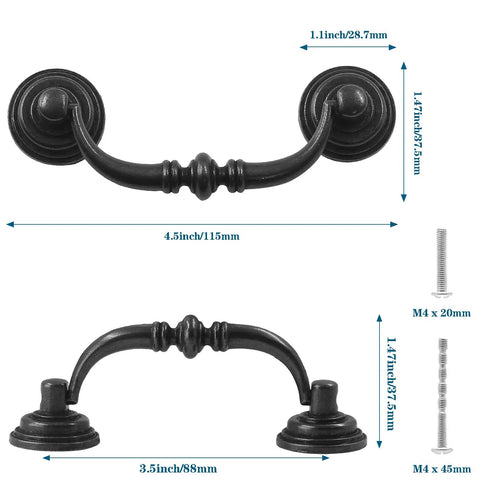 Killer Vintage Black Zinc Alloy Drop Bail Cabinet Pulls Set Of Six With Full Hardware Kit Perfect For Kitchen Cabinetry And Furniture Makeovers Slick Smooth Finish Upgrade, 4.5 inch and 3.5 inch sizes