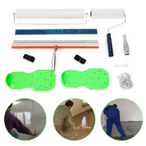 Pro Grade Epoxy Floor Roller Kit With Dual Roller Brushes Self Leveling Rake And Spike Shoes For Fast Bubble Free Concrete Finishing And Ultra Smooth Durable Self Level Surfaces displayed with tools and accessories.