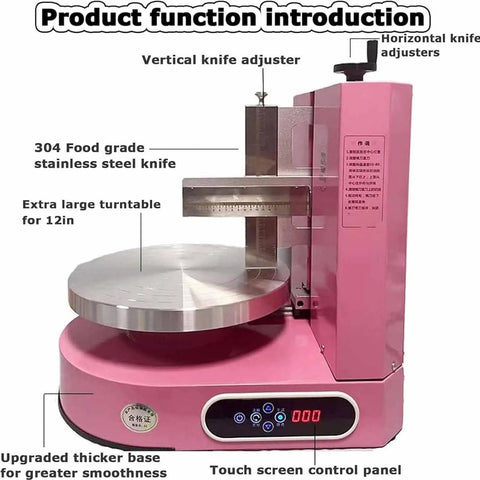 Pink cake smoothing and filling machine with stainless steel turntable and control panel for 12 inch cakes, pro grade.