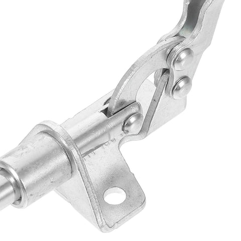 Close-up of a metallic Horizontal Push Pull Toggle Clamps Quick Release Welding Table Clamps part in iron construction.