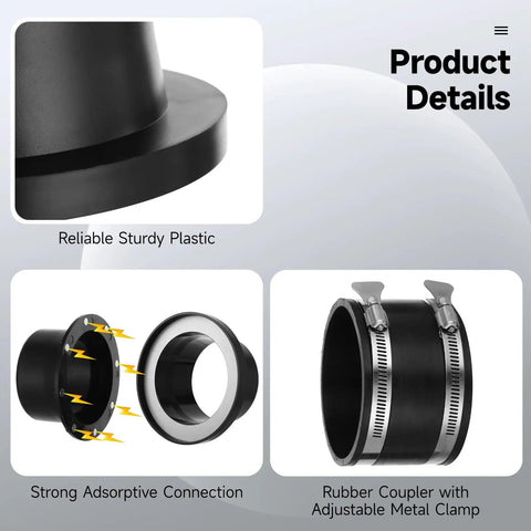 Heavy Duty Adsorptive Dust Collector System Kit For 4 Inch Shop Vac Hoses, strong plastic connectors and adjustable coupler.
