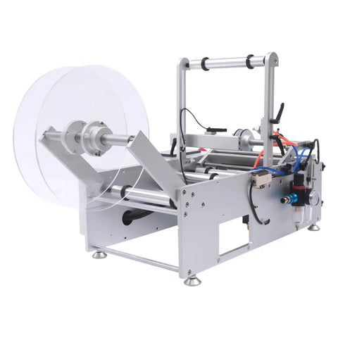 No Sweat Semi Automatic Round Bottle Labeling Machine Smooth Operator Label Applicator adjustable control panel with reels for stickers.