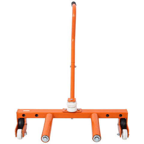 Heavy Duty Adjustable Tire Wheel Dolly Set Of Four 5500 Lbs Steel Car Mover front view, bright orange with swivel wheels and handle.