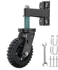Six Inch Heavy Duty Gate Wheels Serving As A Badass Rolling Rig With Built Spring Suspension For Slick Glide On Wood Or Metal Fences Tackles Rough Yards Without Dragging Damage, featuring black rubber tread and steel bracket.