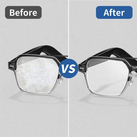 SEIBER eyeglass cleaning microfiber cloth with neoprene pouch, 7x7 inches; split-view before and after lens cleaning.