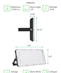 Side view dimensions of 100W flood light with mounting bracket, technical specs for Beast Mode 400W LED Flood Light With 40000 Lumens 6000K Daylight White Outdoor IP65 Waterproof Floodlight For Garage Porch Garden And Warehouse Security Work Lighting.