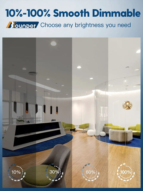 Modern room with 10-100% dimmable lighting showcasing brightness levels, featuring 12 Pack 4 Inch LED Can Lights Retrofit Recessed Downlights
