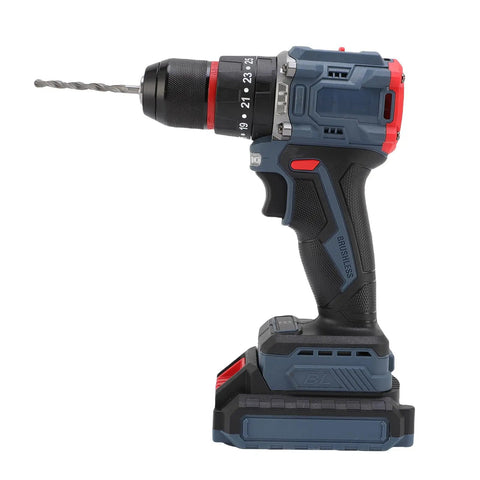 Badass Brushless Cordless Drill Kit Featuring 1500 RPM Output With 25 Adjustable Torque Settings For Knockout Wood Drilling And Slick Home Repair Tasks For Weekend Warriors, side view of drill with chuck.