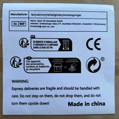 Warning label on packaging; handle express deliveries with care; includes recycling symbols and manufacturer information.