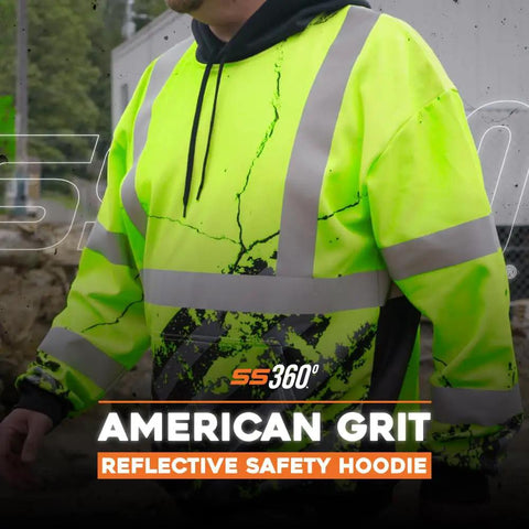 American Grit Hi Vis Hoodie for Men Built Tough, Class 3 Type R Safety Sweatshirt, ANSI ISEA 107-2020 Certified in yellow.