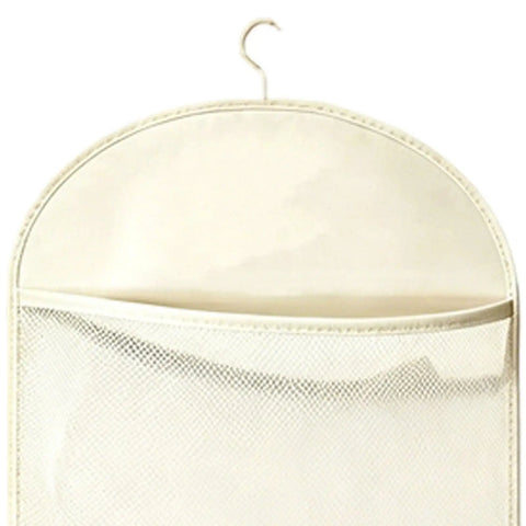 Compact Triple Tier Hanging Closet Organizer With Airy Mesh Pockets ideal for storing bras and socks in cream color.