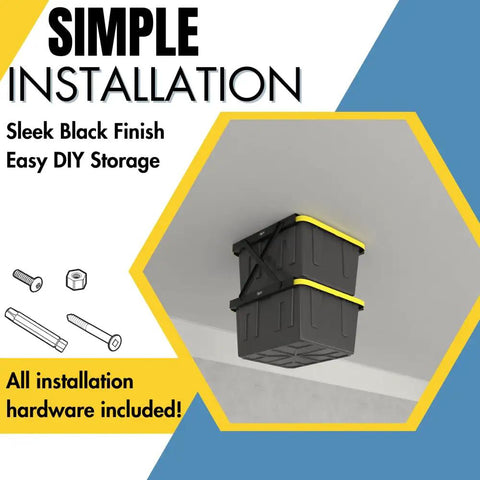 Heavy Duty Dual Rail Overhead Garage Storage System Stacking Ceiling Racks For Tote Bins with black finish and installation hardware.