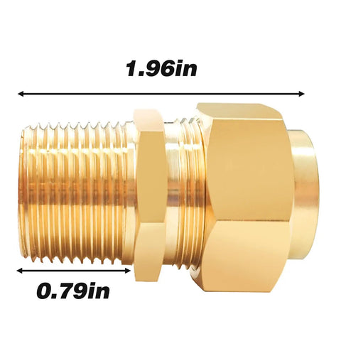 2 Pack Three Quarter Inch NPT Male Nipple Brass Pipe Fittings Hex Brass Tone Gas Line Adapters, side view with measurements