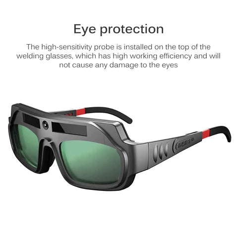 Heavy Duty Solar Powered Welding Goggles With Automatic Darkening True Color Anti Glare Lenses For Plasma Cutting Grind Jobs, side view showing dark lens detail.