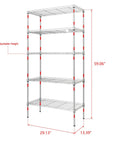 Badass Five Tier Adjustable Metal Wire Shelving Rack With Reinforced Mesh Guardrails For Ultimate Garage Storage And Heavy Equipment Organization Setup Built Tough, showing dimensions and adjustable height.