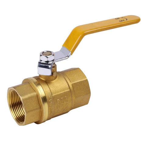 Beefy Brass Ball Valve, 1-1/4 Inch Full Port NPT Female To Female, shown with yellow handle and brass body, side view.