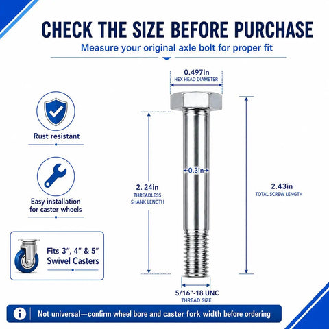 Real Deal Heavy Duty Caster Wheel Bolt Kit 5/16 18 Thread By 2.24 Inch Carbon Steel Fasteners detailed view with measurements.