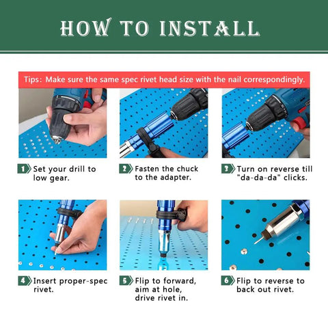 Heavy Duty Rivet Gun Adapter Kit For Cordless Drill With Removable Handle And 100 Piece 4.0 mm Pop Rivet Set Blue installation steps