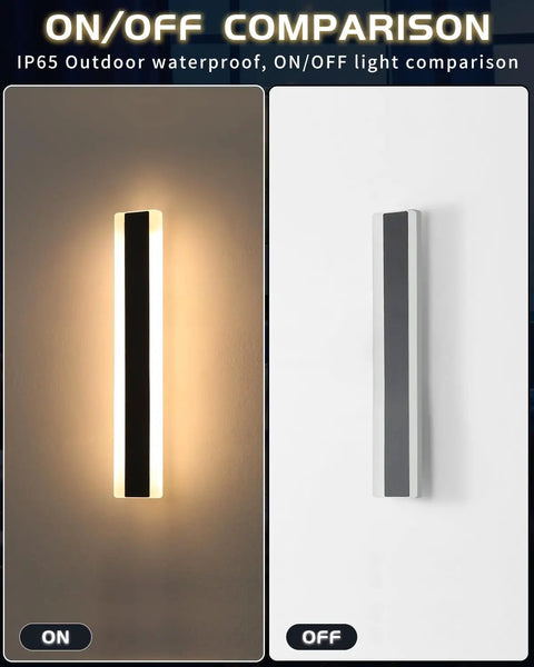 On/Off comparison of Slick Modern Outdoor Wall Lights 2 Pack Black Exterior Sconces with adjustable arms.