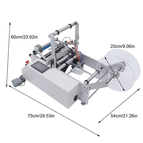 No Sweat Semi Automatic Round Bottle Labeling Machine with adjustable control panel, dimensions shown for precise bottle labeling.