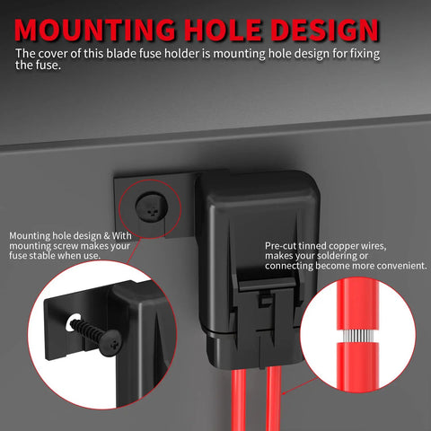 Beefy 12 Volt Inline Fuse Holder With Secure Mounting Holes For 12 Awg Automotive Marine Vehicle Wiring Kits Includes Waterproof Atc Ato Blade Fuses Rated At 20 30 40 Amps showing mounting holes and secure installation.