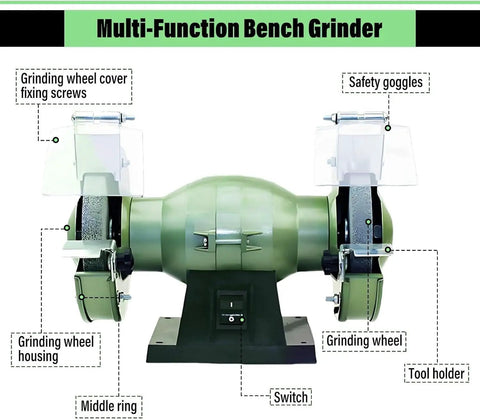 Rock Solid Dual Wheel Bench Grinder And Electric Knife Sharpener With Tough Aluminum Surfaces For Hella Fast Tool Renewal And Zero Hassle DIY Projects Around Town with labeled parts like grinding wheel and tool holder.