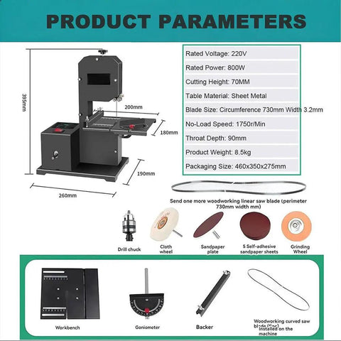 Diagram of the Beastly 800W Benchtop Bandsaw For Woodworking and DIY with dimensions and specifications