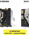 Comparison of new and old designs of Dryer Cycle Control Timer For Norm Pacific TMD1EM03 234D1296P005 Replacement OEM Part.
