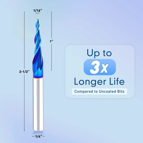 Nine Piece Solid Carbide CNC Router Bit Set With Nano Blue Coating And One Fourth Inch Shank Hella Sharp Edges for precise cutting.