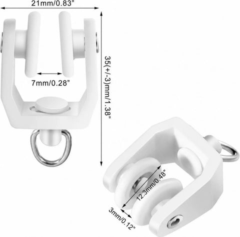 50 Piece Bulk Pack White Curtain Track Rollers Premium Quality Smooth As Butter Slick Glide Compatible With 11 mm Flexible Tracks with detailed dimensions.