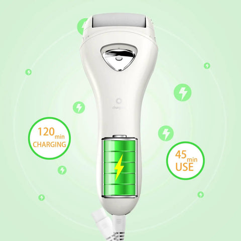 Electric Foot Callus Remover Rechargeable Cordless Foot File That Kicks Dry Skin Out The Window And Delivers Fresh Heels With Zero Hassle For Your Effortless Daily Glow Up showing cordless foot file with battery indicator.