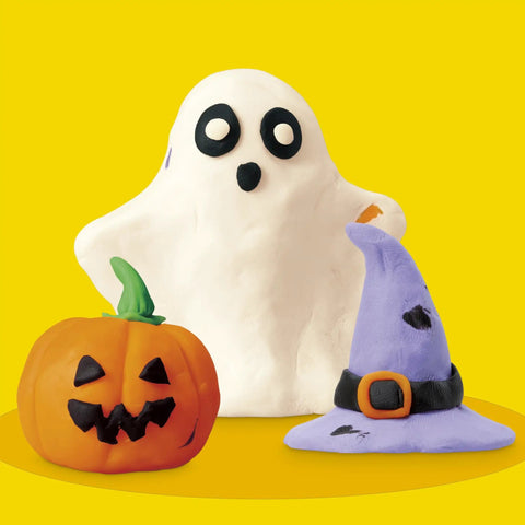 Fresh Spooky Modeling Clay 30 Pack Fun Size Sticks sculpted ghost, pumpkin, and witch hat on a yellow background.