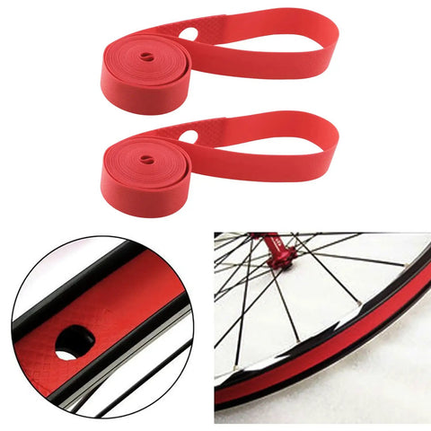 Beefed Up 26 Inch Rim Tape And Strips 20mm Elastic Nylon Red 2 Pack for road and mountain bikes shown on bike wheel.