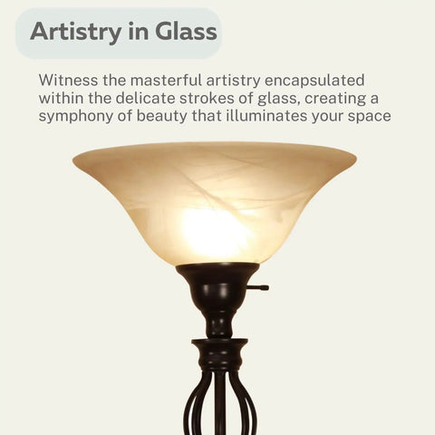 Bronze Floor Lamp With Glass Alabaster Swirl Amber Shade close-up, highlighting elegant design and soft glow for cozy living spaces.