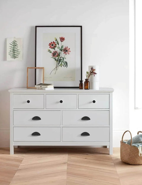 White dresser with Matte Black Zinc Alloy Cabinet Knobs 10 Pack for Drawer Pulls on Dresser Kitchen and Bathroom Hardware Mengico Unique Design