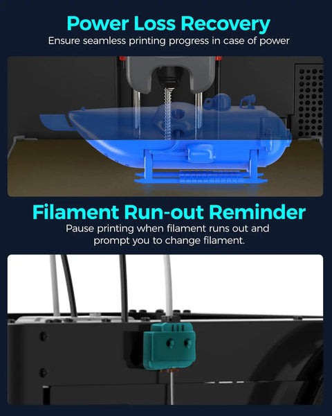 Power loss recovery and filament run-out reminder displayed on High Speed 3D Printer With Auto Leveling And Direct Drive Hotend.